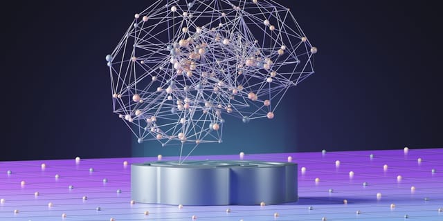 Abstract digital sphere formed of glowing dots and connecting lines on a dark background
