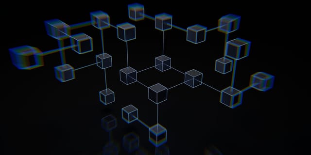 Abstract 3D illustration of connected blocks arranged on a dark background