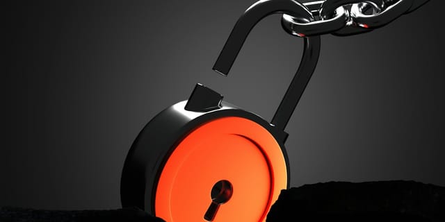 A 3D render of an open padlock with a glowing orange core attached to a metal chain.