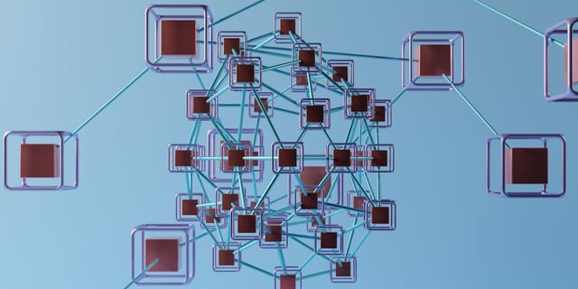 Network diagram showing interconnected nodes with red squares connected by teal lines on light blue background, representing a distributed system or data network architecture.