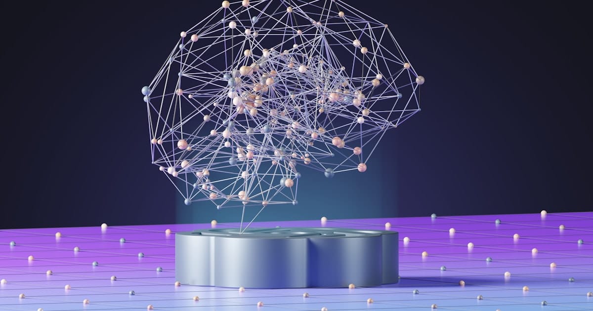Abstract digital sphere formed of glowing dots and connecting lines on a dark background