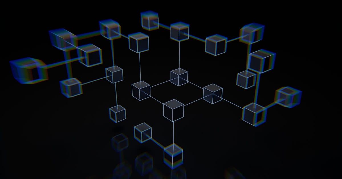 Abstract 3D illustration of connected blocks arranged on a dark background
