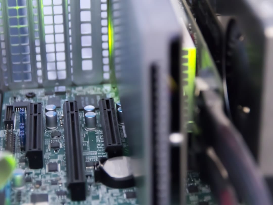 Close-up of a server motherboard showing CPU sockets and memory slots