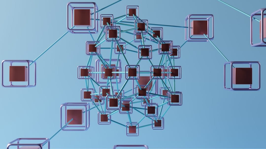 Network diagram showing interconnected nodes with red squares connected by teal lines on light blue background, representing a distributed system or data network architecture.